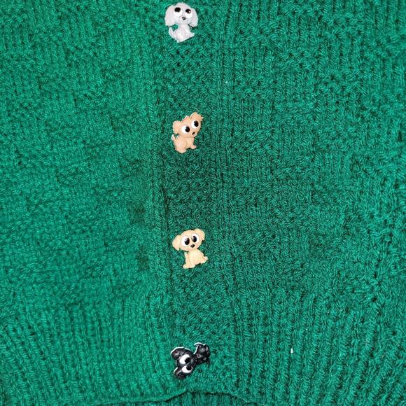 Vtg Hand Knit Green With Cute Puppy Buttons Kids Cardigan Sweater 4T? Hommade - Picture 4 of 7